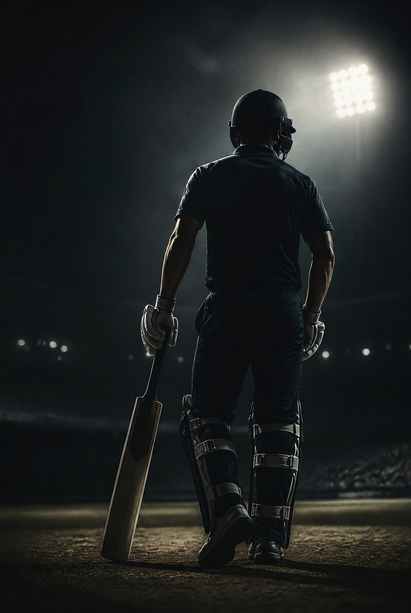 A T20 batter alone under stadium floodlights at night